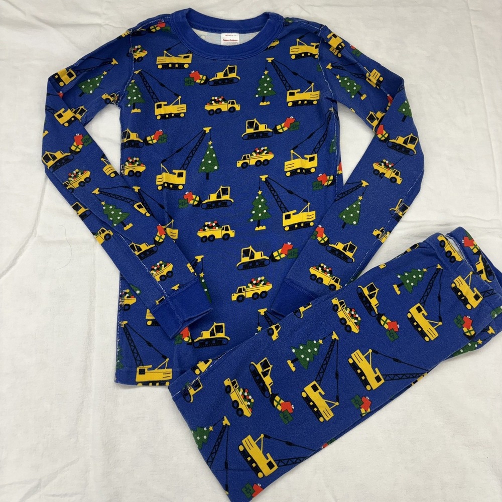 Hanna Andersson Boys Long John Pajamas 160/14 Blue Trucks Christmas Holiday